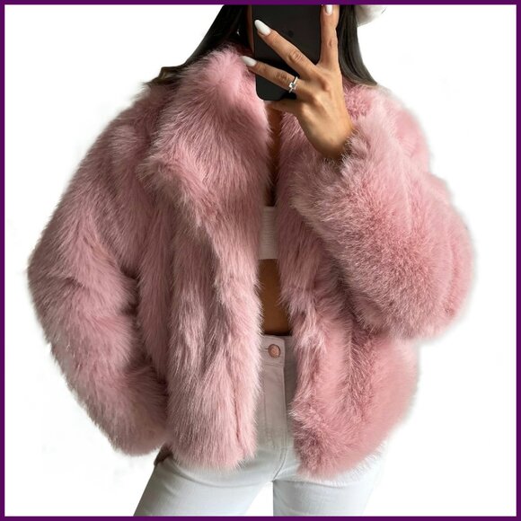 Faux Fur Cropped Jacket Open Front Cape Long Sleeve XL